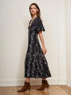 LLC13206_BLACK / IVORY LINEAR FLORAL Florence Dress Dresses
