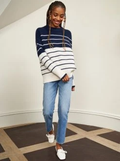 LLC21630_NAVY/CREAM Color Block Marin Sweater Knitwear