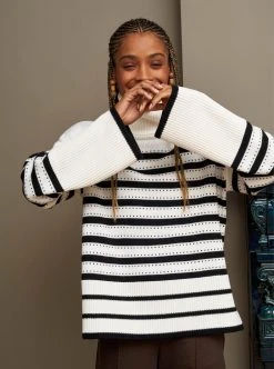 LLC21673_CREAM/BLACK Shadow Stripe Turtleneck Knitwear