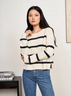 LLC21546_CREAM/NAVY Texture Stripe Sweater Knitwear