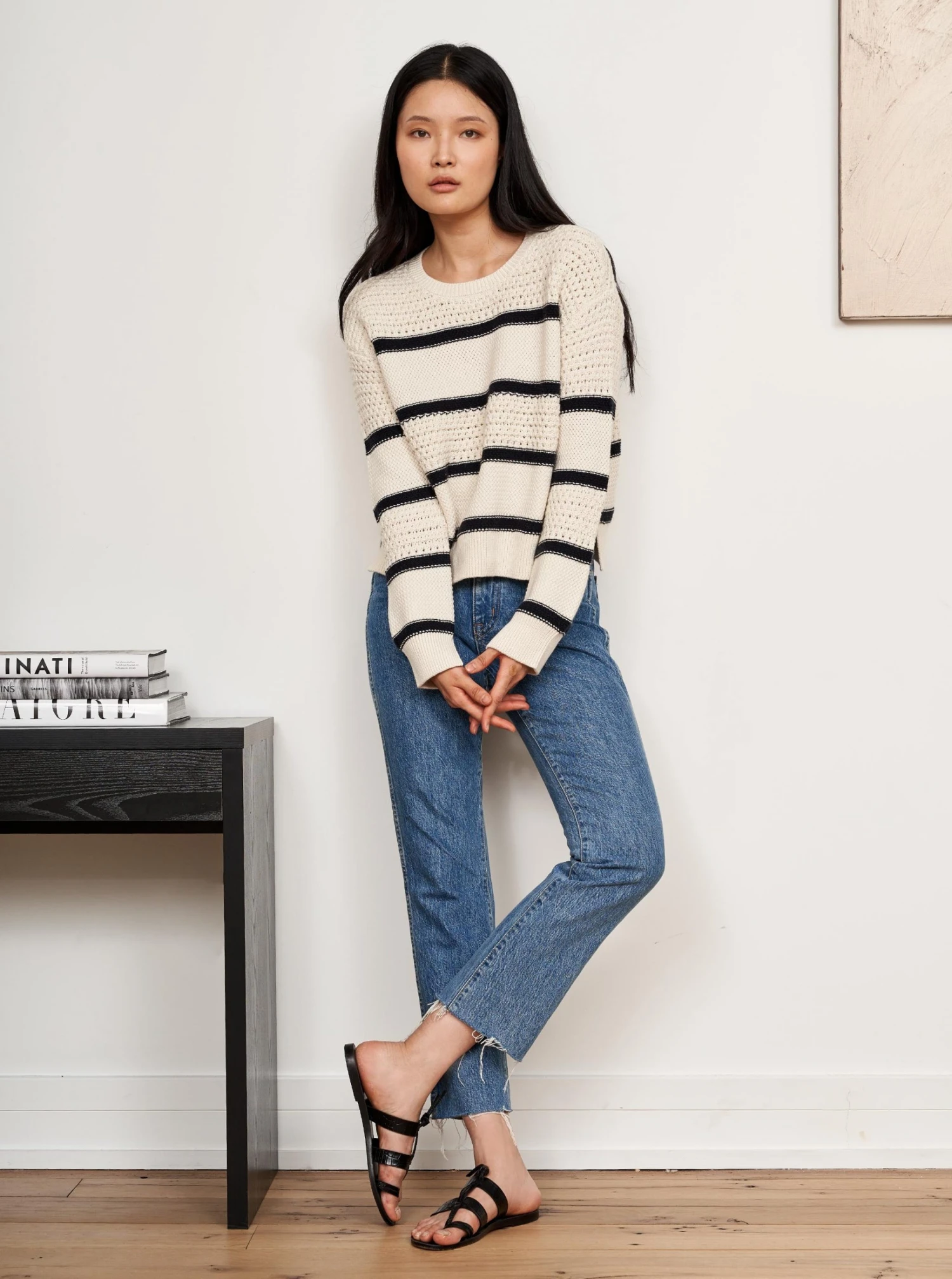 LLC21546_CREAM/NAVY Texture Stripe Sweater Knitwear 8 LLC21546_CREAM/NAVY Texture Stripe Sweater Knitwear