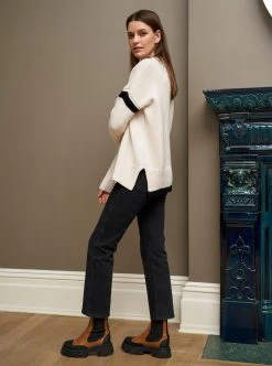 LLC21058_CREAM/BLACK Knitwear Varsity Sweater